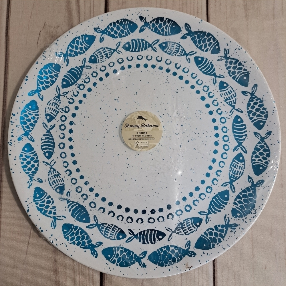 Tommy Bahama 3 Piece 16" Coupe Platter Set Shiny Fish Auquatc Theme